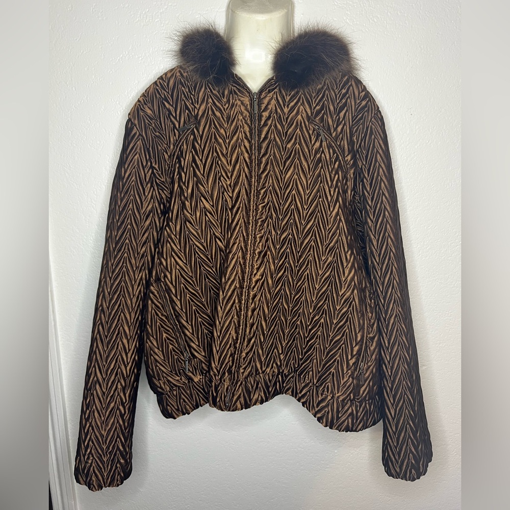 Brown Quilted zip up puffer jacket with faux fur hood